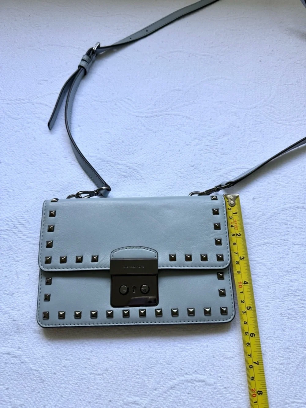 Michael Kors SLOAN Small Studded Leather Crossbody Bag Dusty Blue Gunmetal NWOT